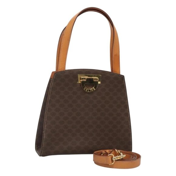 CELINE Macadam Canvas Hand Bag PVC Leather 2way Brown Gold Auth MX358 - Picture 1 of 16